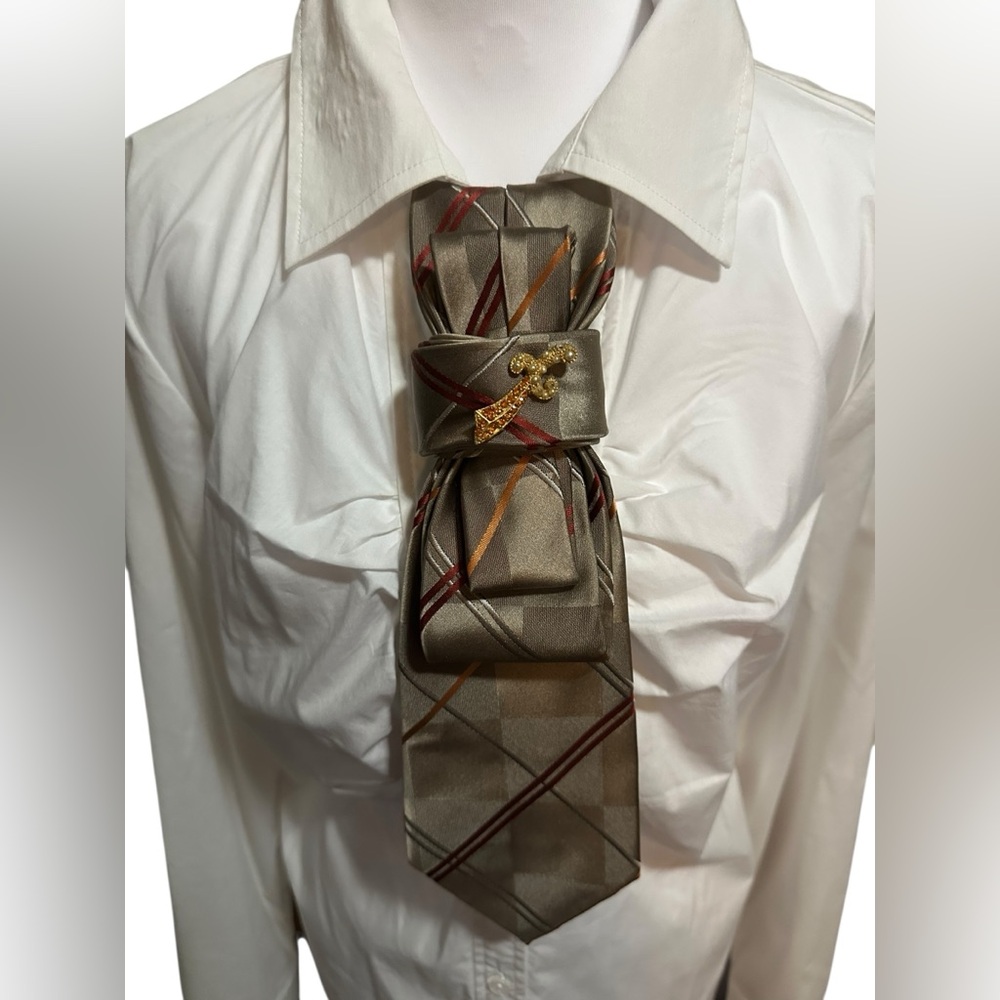 Re’tied chic by Pauline Elegant Gray and Red Plaid Tie with sword brooch